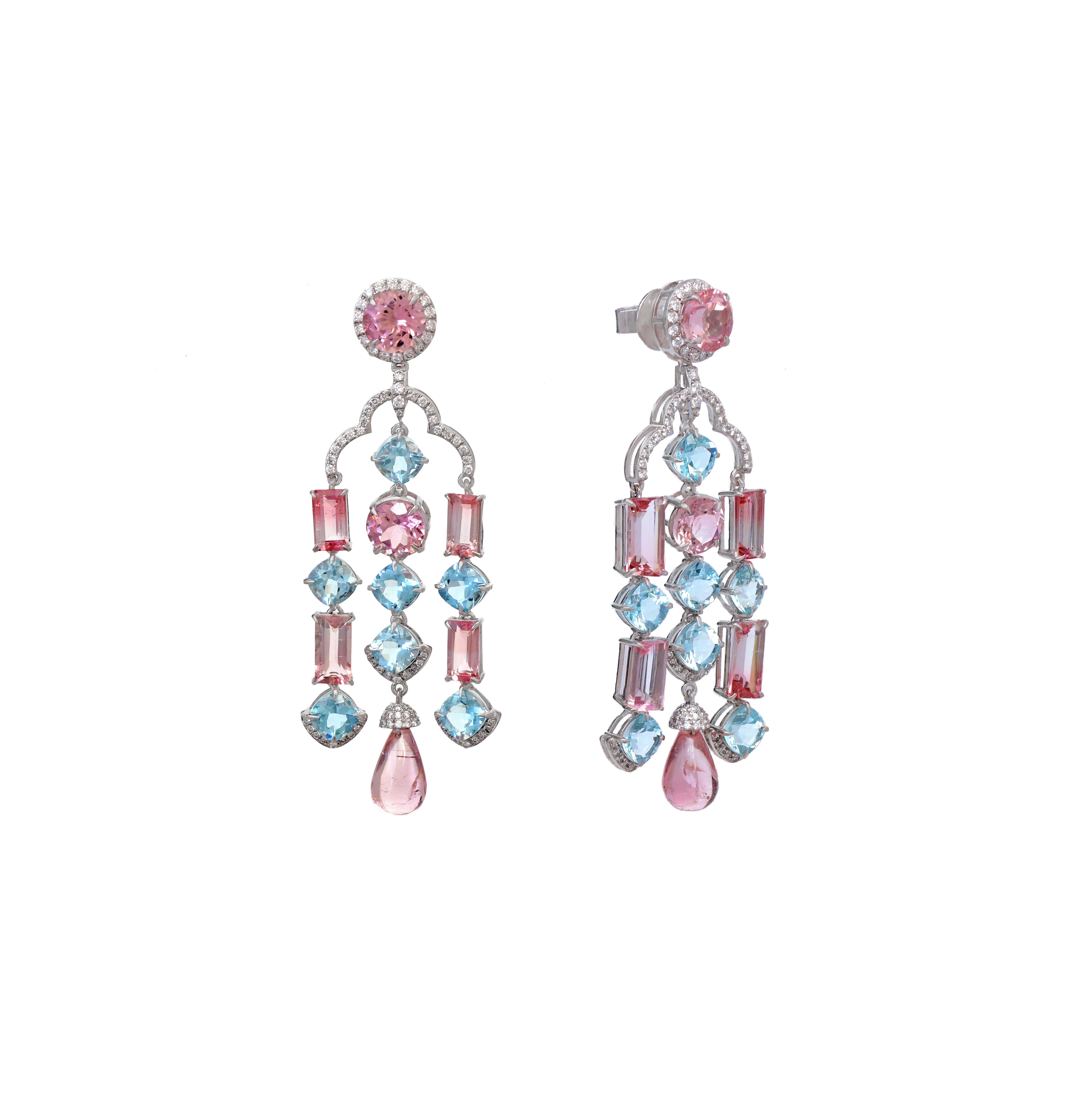 Boucles d'oreilles pendantes en or blanc 18k aigue-marine et tourmaline, bijoux femme Unisexe en vente