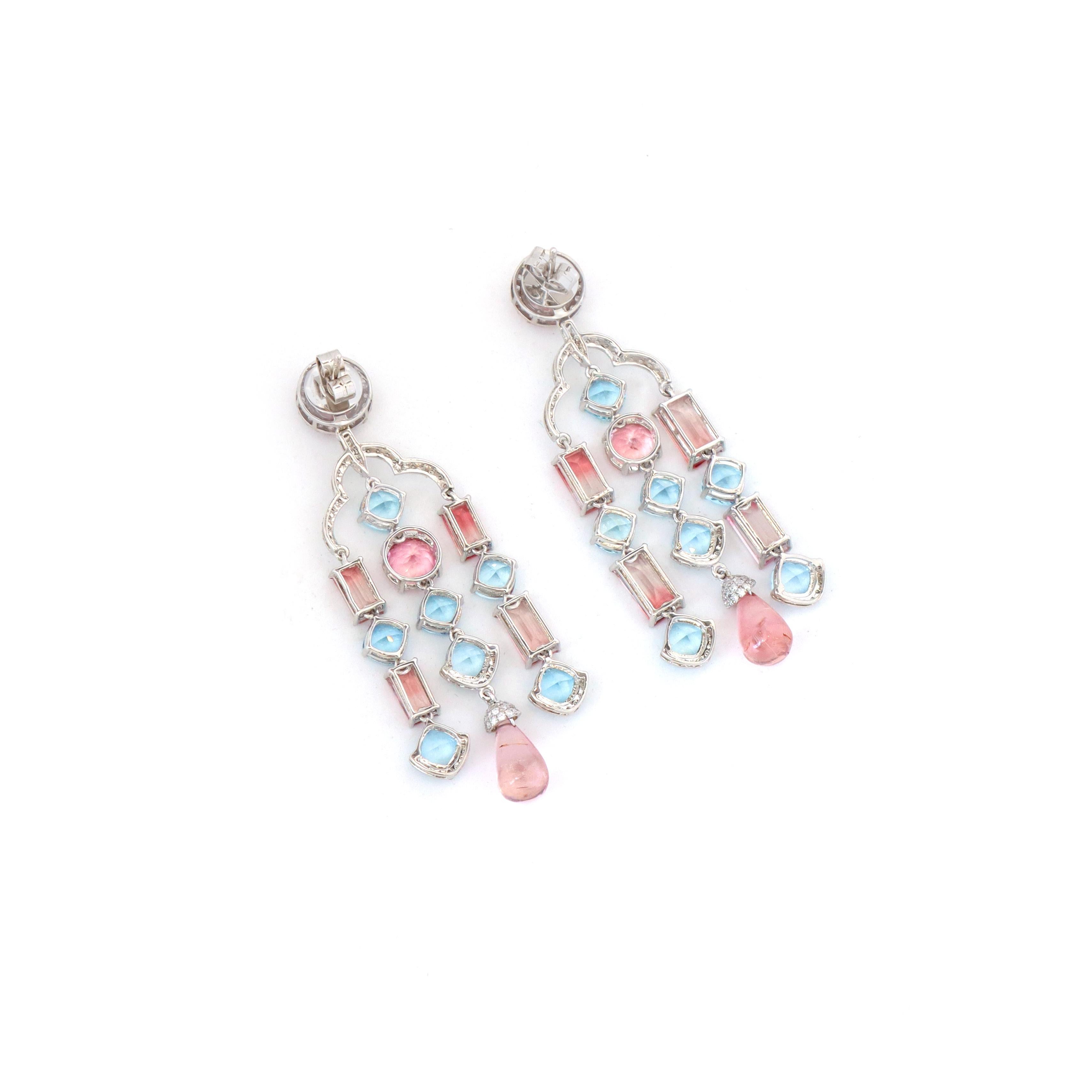 Boucles d'oreilles pendantes en or blanc 18k aigue-marine et tourmaline, bijoux femme en vente 3