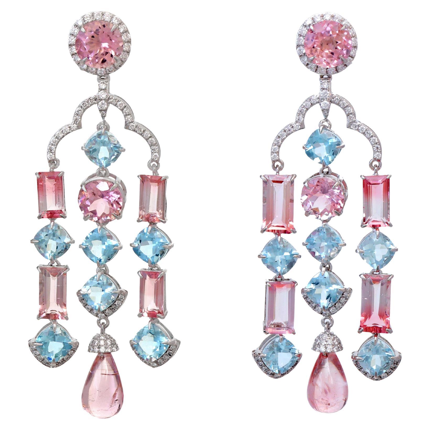 Boucles d'oreilles pendantes en or blanc 18k aigue-marine et tourmaline, bijoux femme