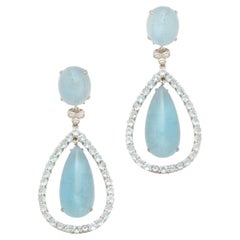18k White Gold & Aquamarine Cabochon Pendant Earrings with Diamond Halo