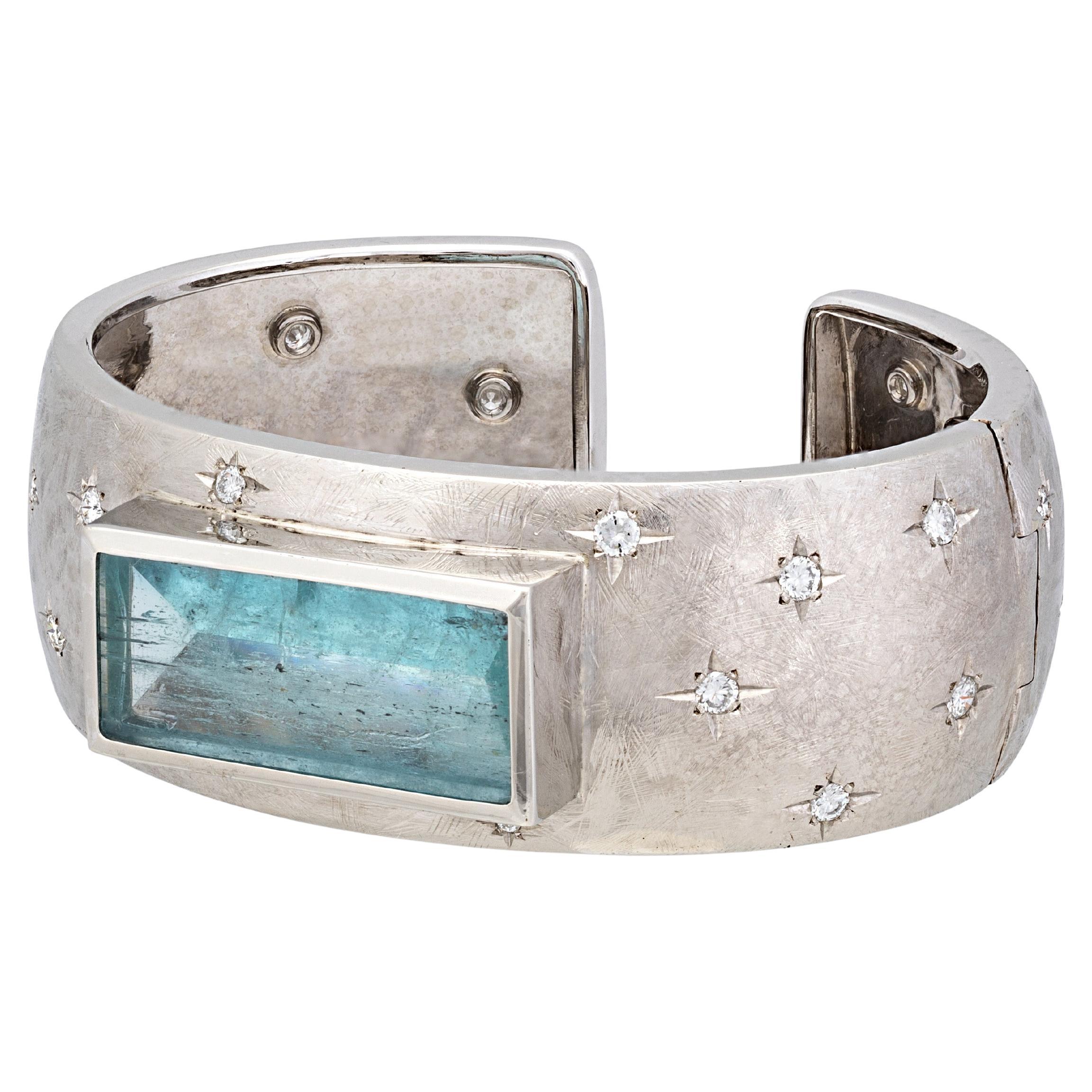 18k White Gold Aquamarine Cuff Bracelet with Diamonds, by Gloria Bass For Sale