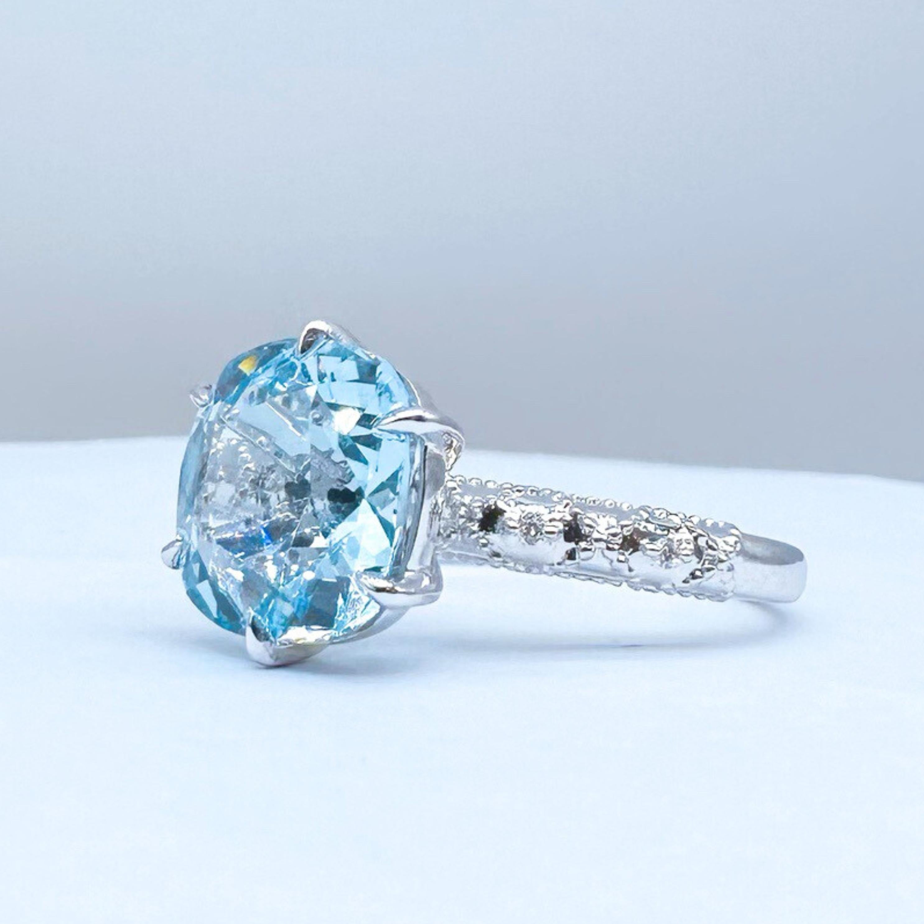 Cushion Cut 18K White Gold Aquamarine & Diamond Cocktail Ring For Sale