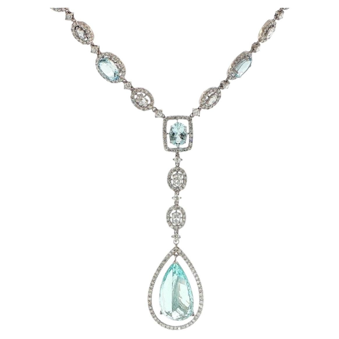 Collana con pendente a goccia in oro bianco 18 carati con acquamarina, 6 pietre, diamanti da 5 carati, 16"