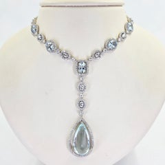 18K White Gold Aquamarine Drop Necklace, 6 Stones, 5ct Diamonds, 16"