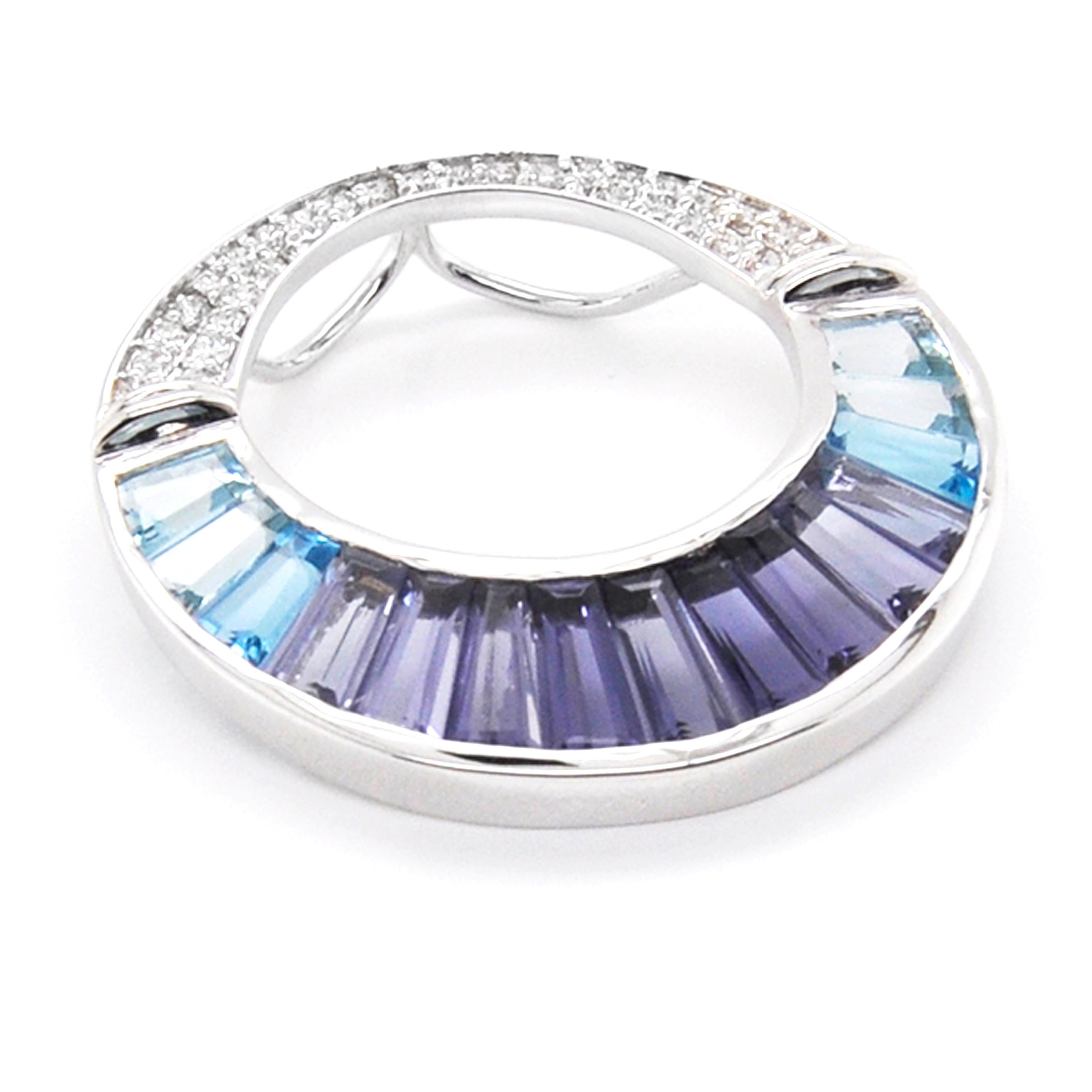 18K White Gold Aquamarine Iolite Topaz Baguette Diamond Pendant Necklace Brooch For Sale 4