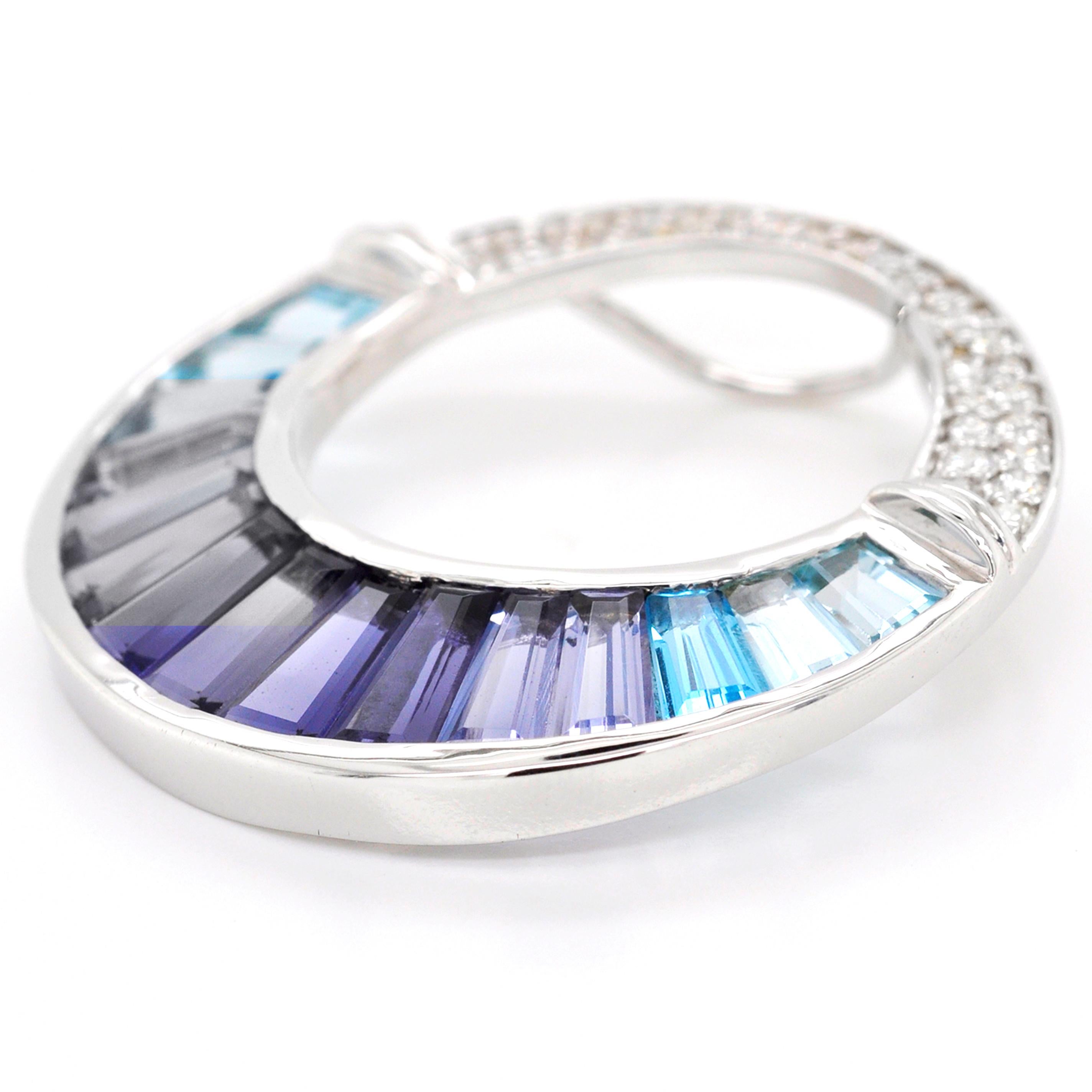 18K White Gold Aquamarine Iolite Topaz Baguette Diamond Pendant Necklace Brooch For Sale 5