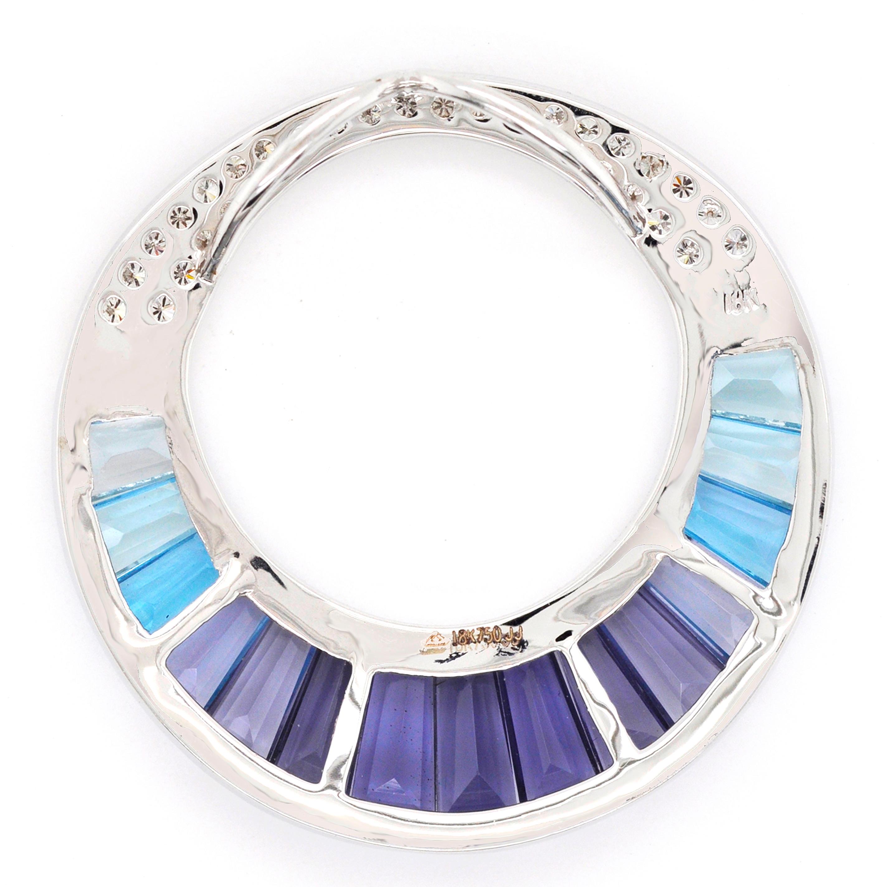 18K White Gold Aquamarine Iolite Topaz Baguette Diamond Pendant Necklace Brooch For Sale 7