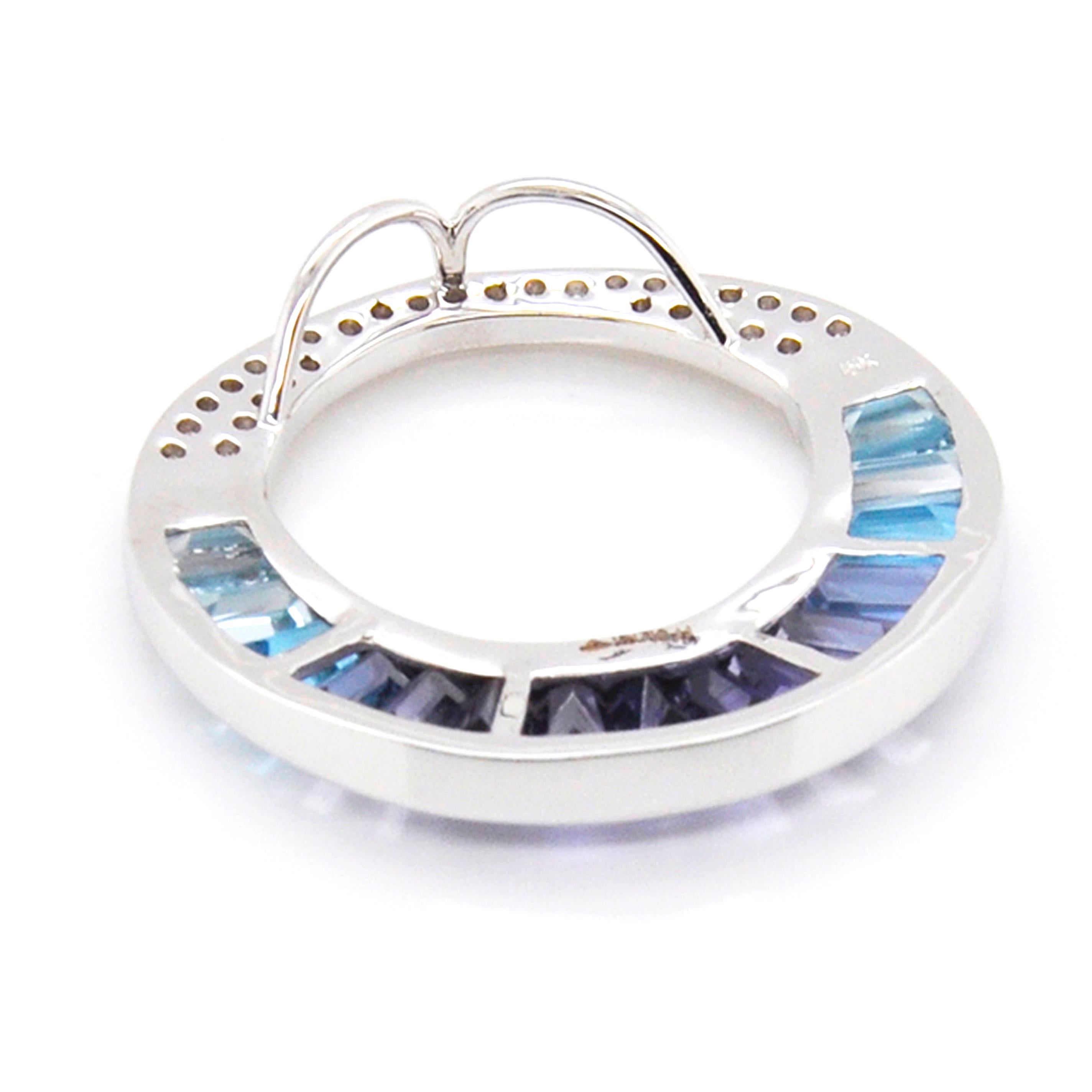 18K White Gold Aquamarine Iolite Topaz Baguette Diamond Pendant Necklace Brooch For Sale 8