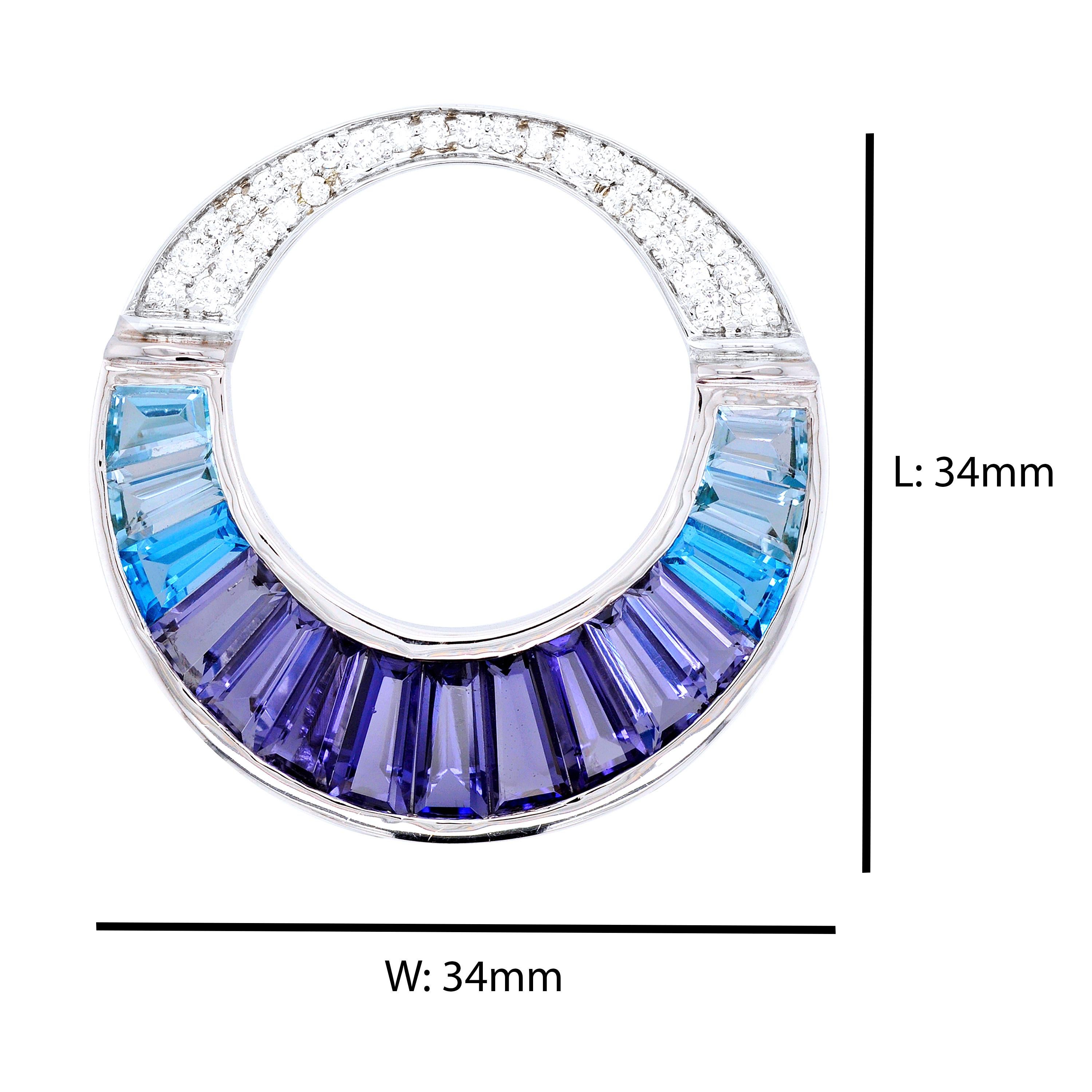 Contemporary 18K White Gold Aquamarine Iolite Topaz Baguette Diamond Pendant Necklace Brooch For Sale