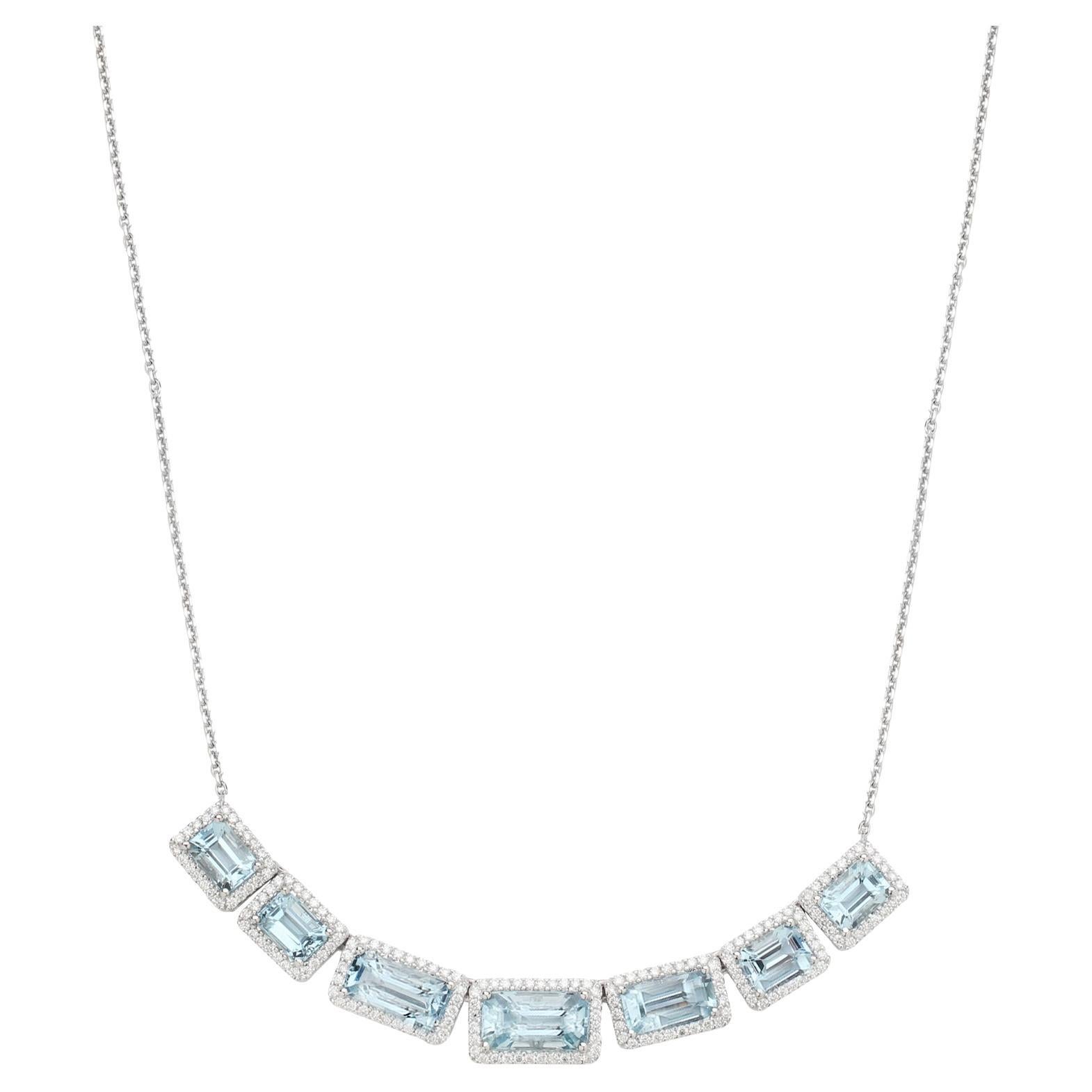 18K White Gold Aquamarine & Natural Diamond Halo Necklace.