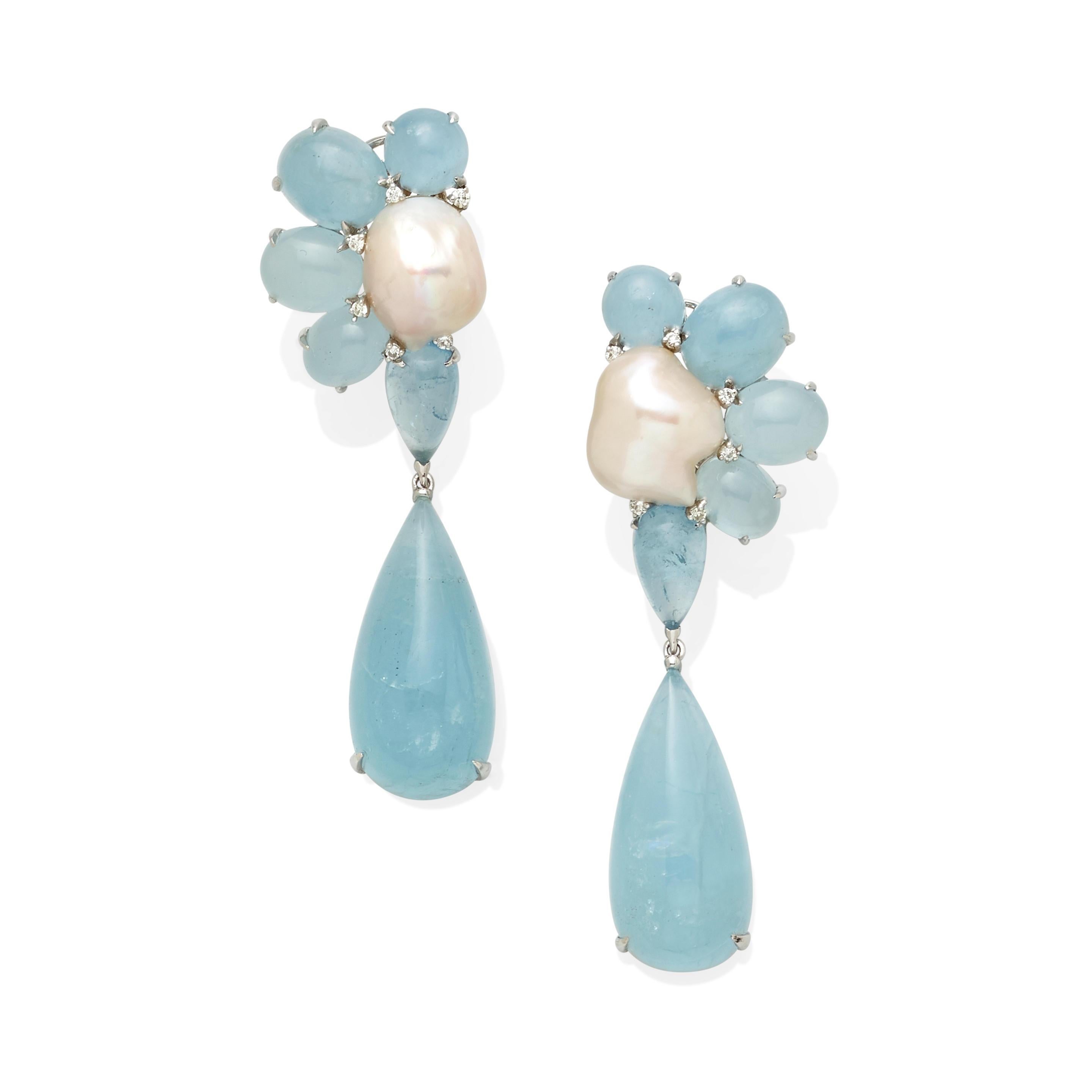 Modern 18k White Gold & Aquamarine Pendant Earrings with Cultured Pearls & Diamonds For Sale