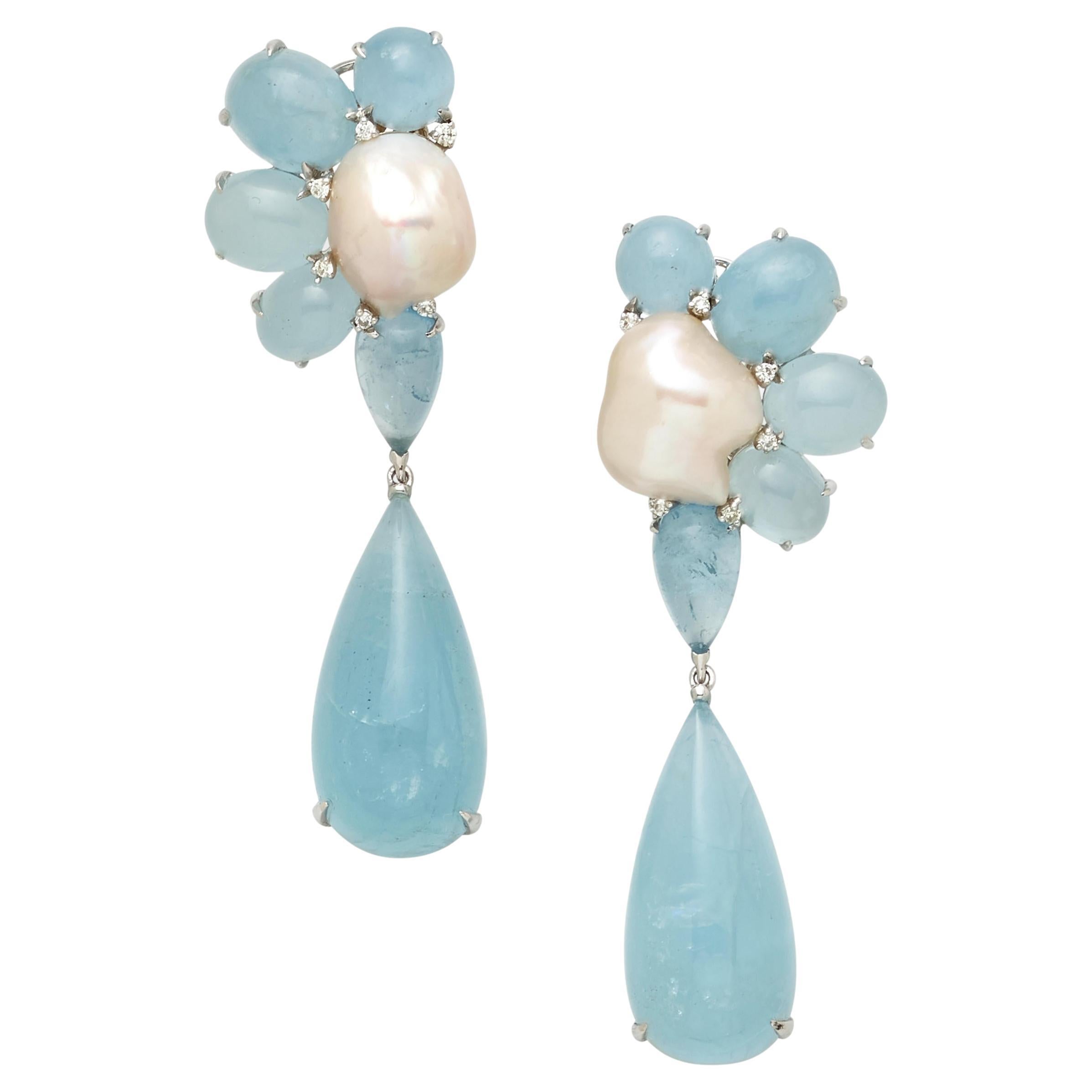 18k White Gold & Aquamarine Pendant Earrings with Cultured Pearls & Diamonds