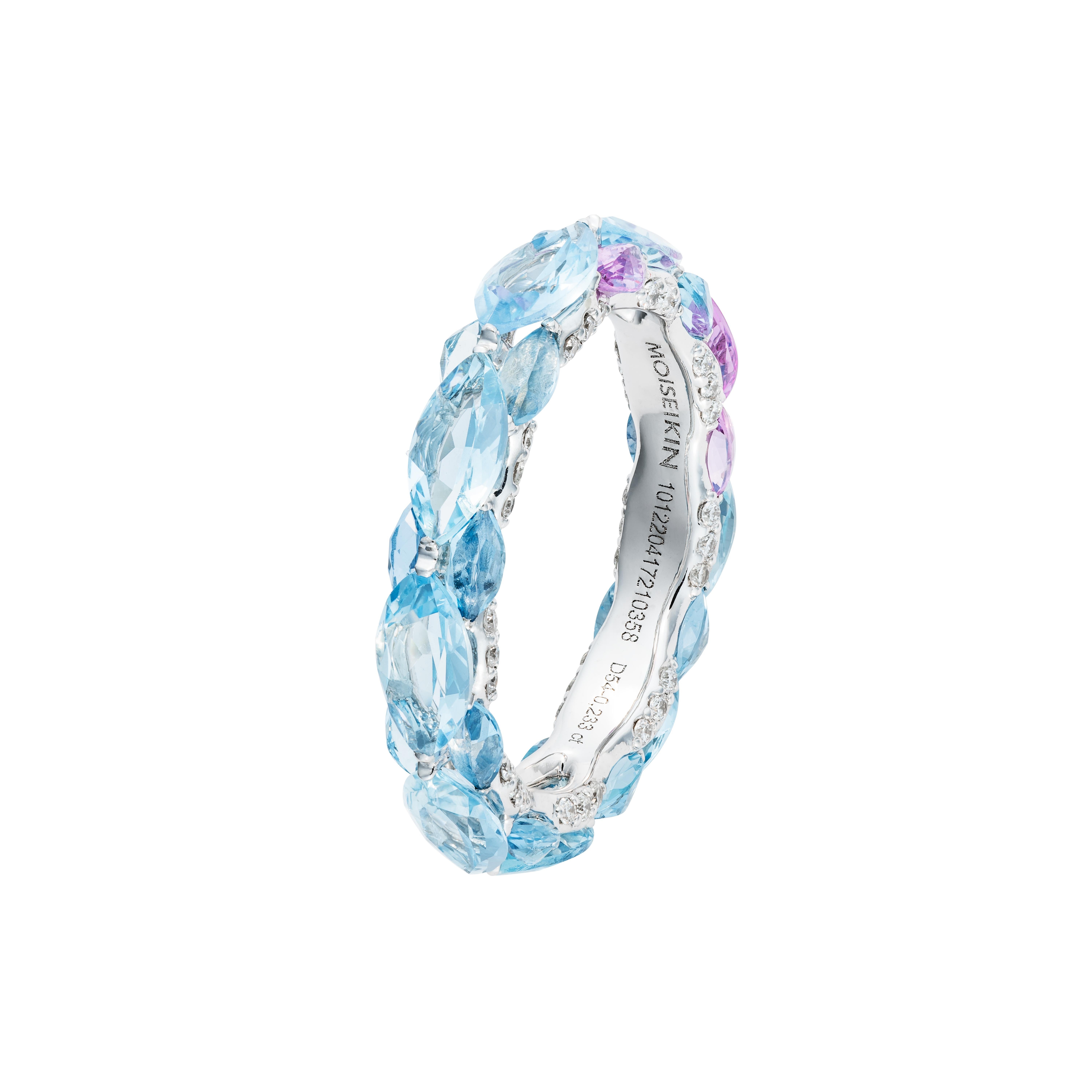 Contemporary 18K White Gold Aquamarine Pink Sapphire Eternity Ring by MOISEIKIN For Sale