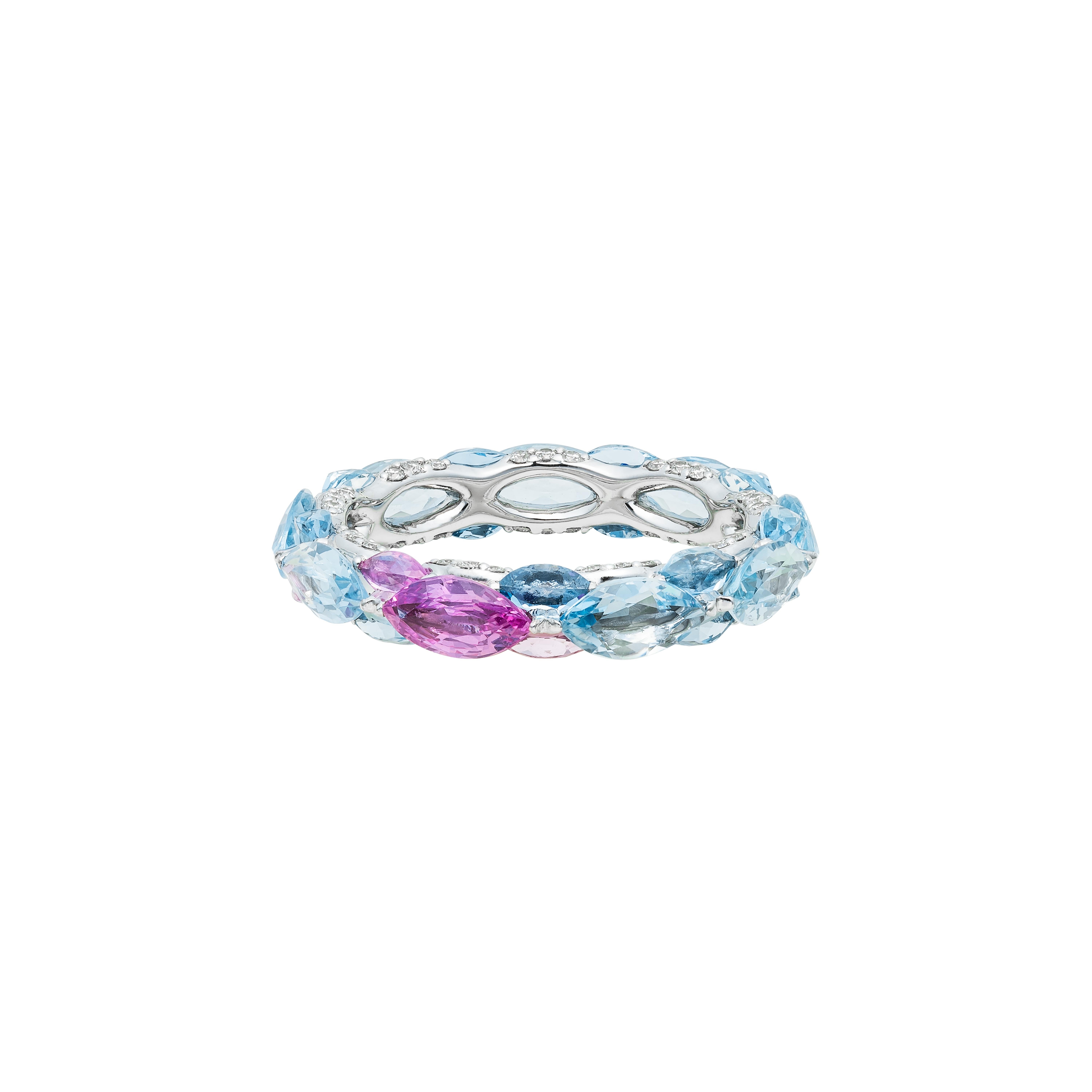 
MOISEIKIN's exquisite eternity ring from the Harmony Collection captivates the eye and the soul, weaving stunning hues in a timeless dance. Designed in the eternal brilliance of diamonds and adorned with the elegant, deep Ocean-link Aquamarine
