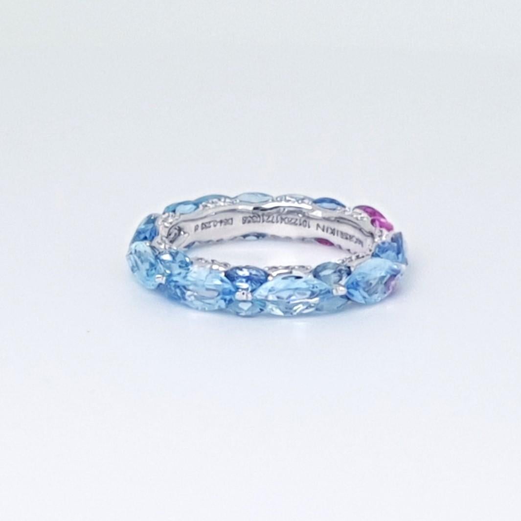 Women's 18K White Gold Aquamarine Pink Sapphire Eternity Ring by MOISEIKIN For Sale