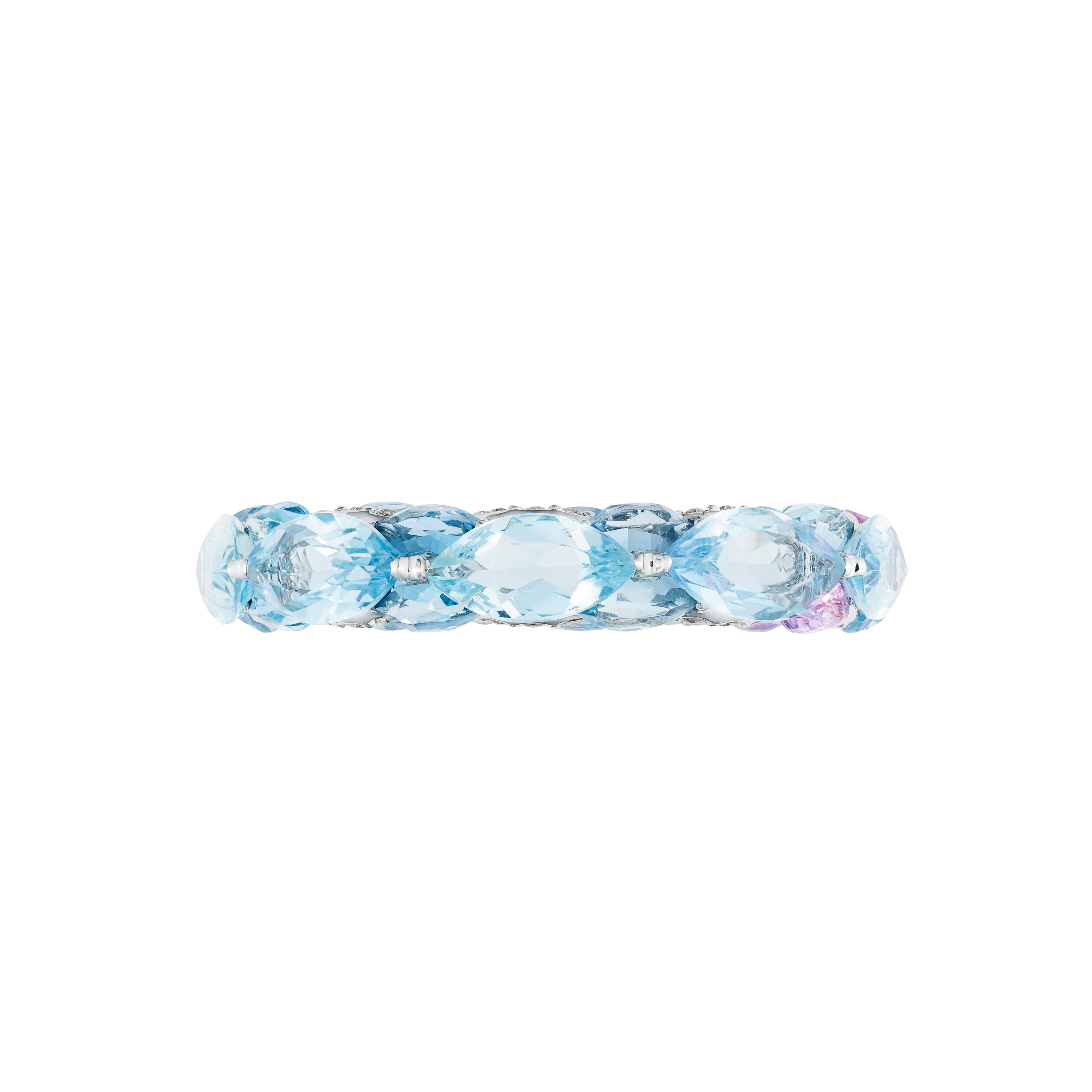 Marquise Cut 18K White Gold Aquamarine Pink Sapphire Eternity Ring by MOISEIKIN For Sale