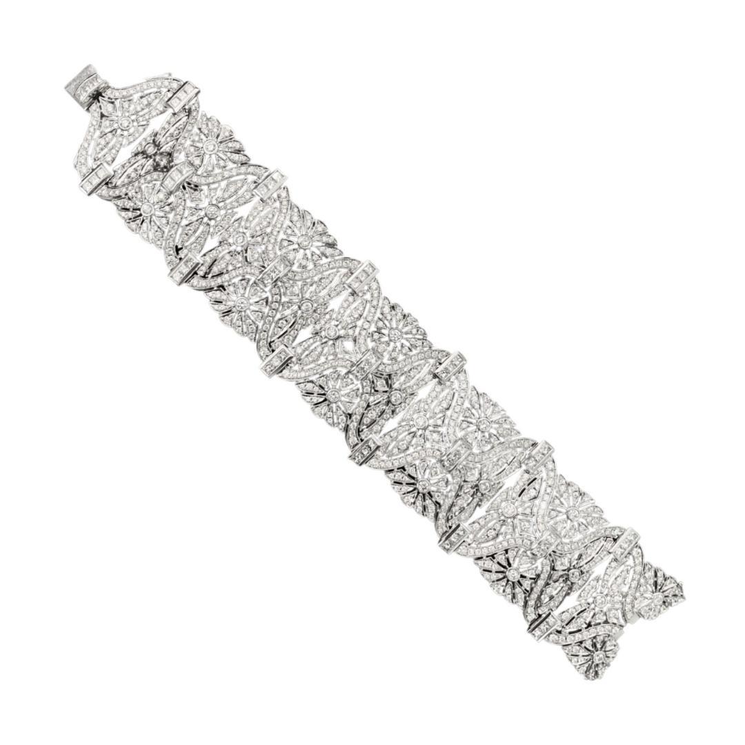 The complexity of the design in this 18k white gold Art Deco inspired bracelet covered in 11.25 carat diamonds, reflects the modern and sleek spirit of the era. Diamond bracelets are decadent pieces that embody timeless glamour and offer dazzling