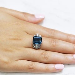 18 Karat Gold Cocktail Ring with London Blue Topaz & Baguette Diamonds