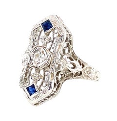 18 Karat Weißgold Art Deco Diamant und synthetischer Saphir 1930er Jahre Ring