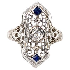 18k White Gold Art Deco Diamond and Synthetic Sapphire 1930s Ring