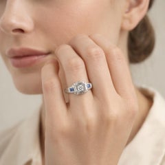 18k White Gold Art Deco Diamond & Blue Sapphire Ring