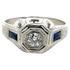 18k White Gold Art Deco Diamond & Blue Sapphire Ring