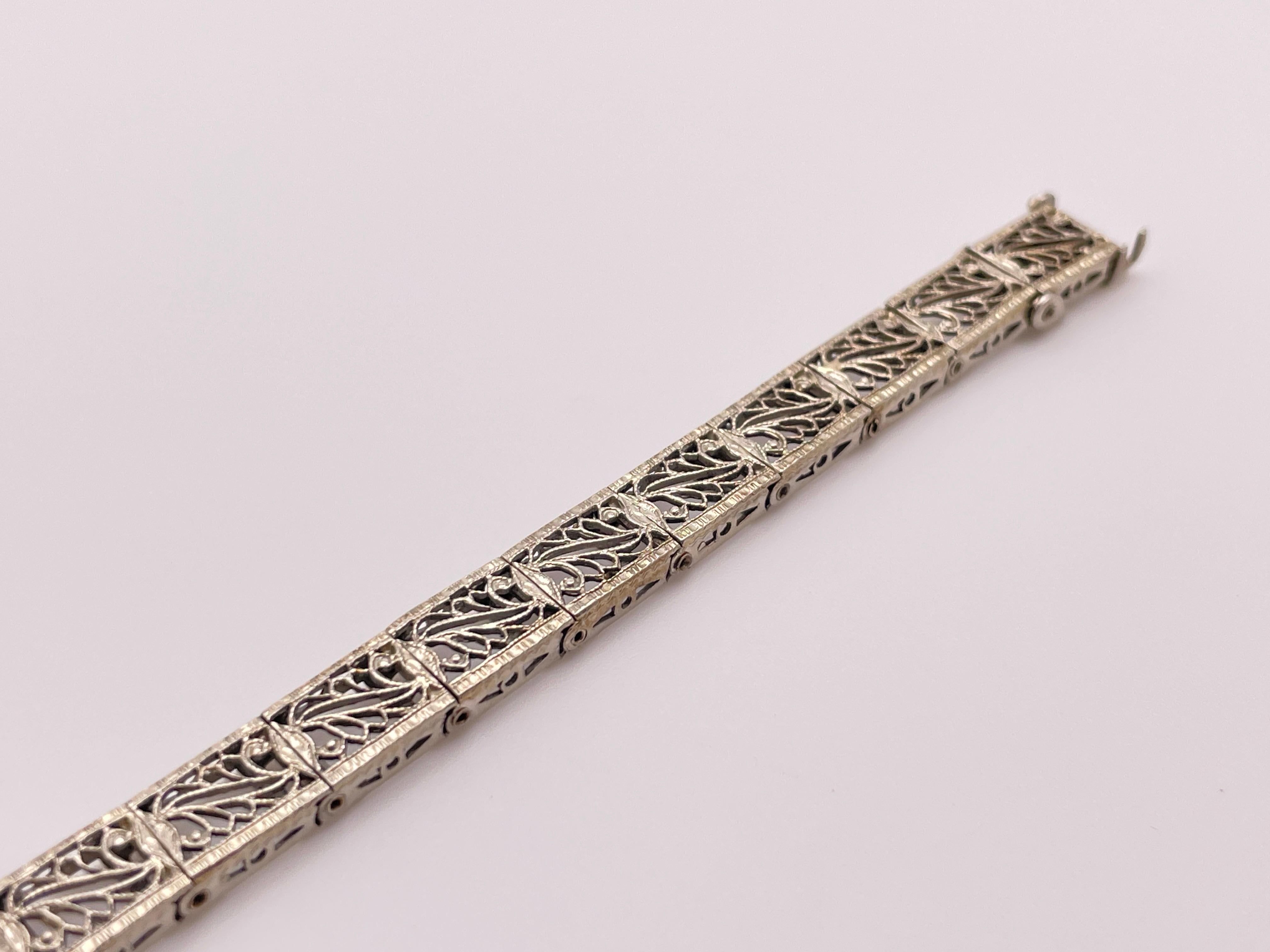 da uomo o donna Bracciale Art Deco in oro bianco 18 carati con diamanti e zaffiri in filigrana in vendita