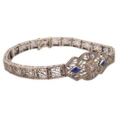 Vintage 18K White Gold Art Deco Diamond Sapphire Filigree Bracelet