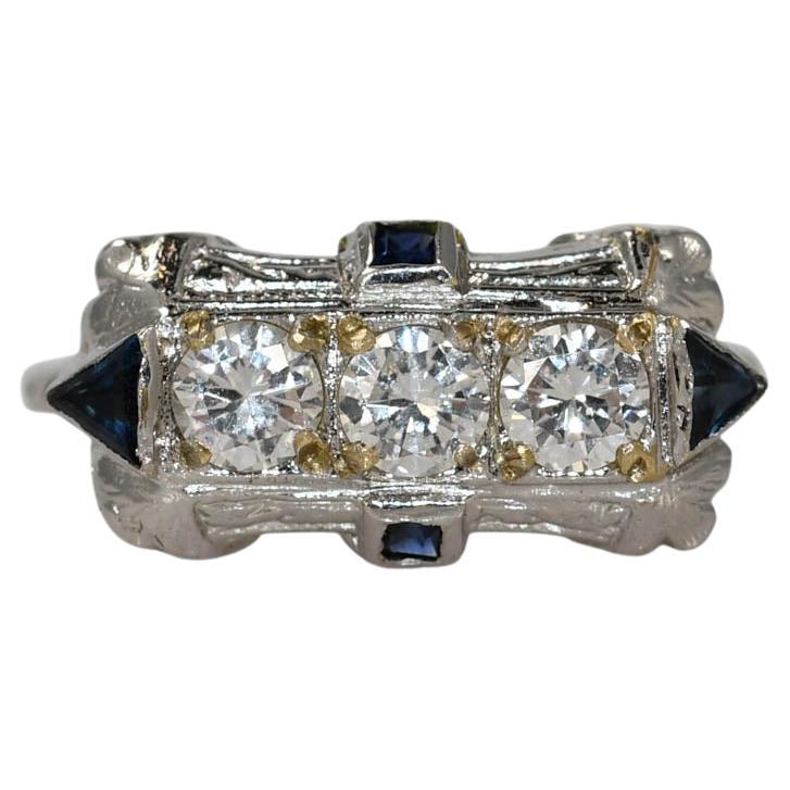 18K White Gold Art Deco Diamond & Sapphire Ring 3.6g