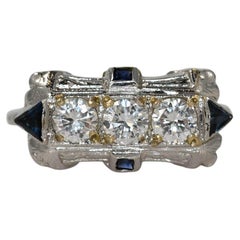 18K White Gold Art Deco Diamond & Sapphire Ring 3.6g
