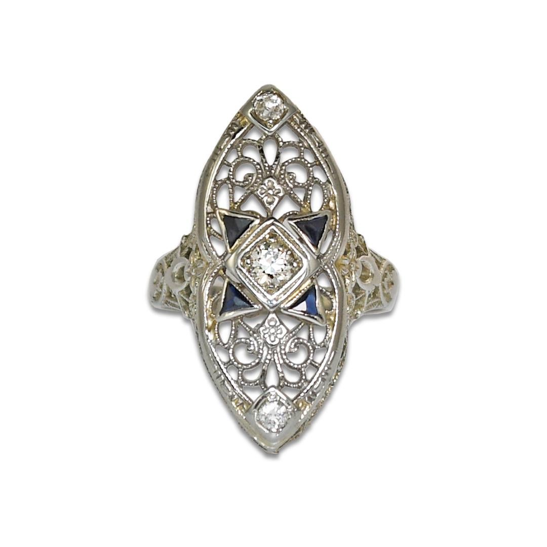 18K White Gold Art Deco Diamond & Spinel Ring 0.10ct For Sale