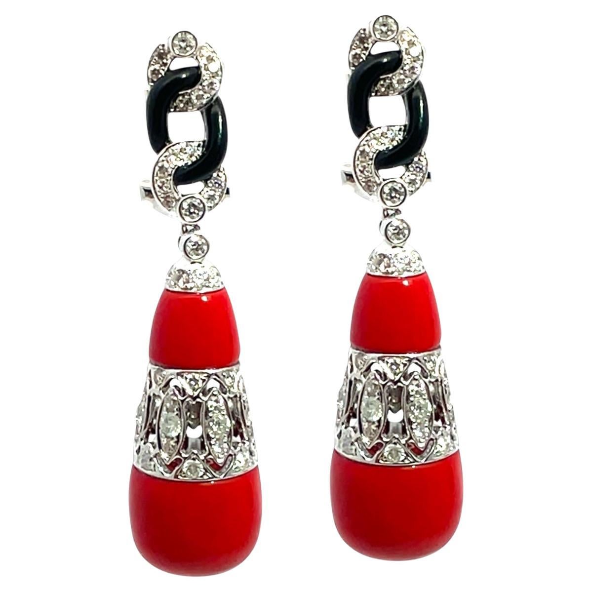 Pendientes Gota Art Decó de Oro Blanco de 18k con Coral, Ónix y Diamantes