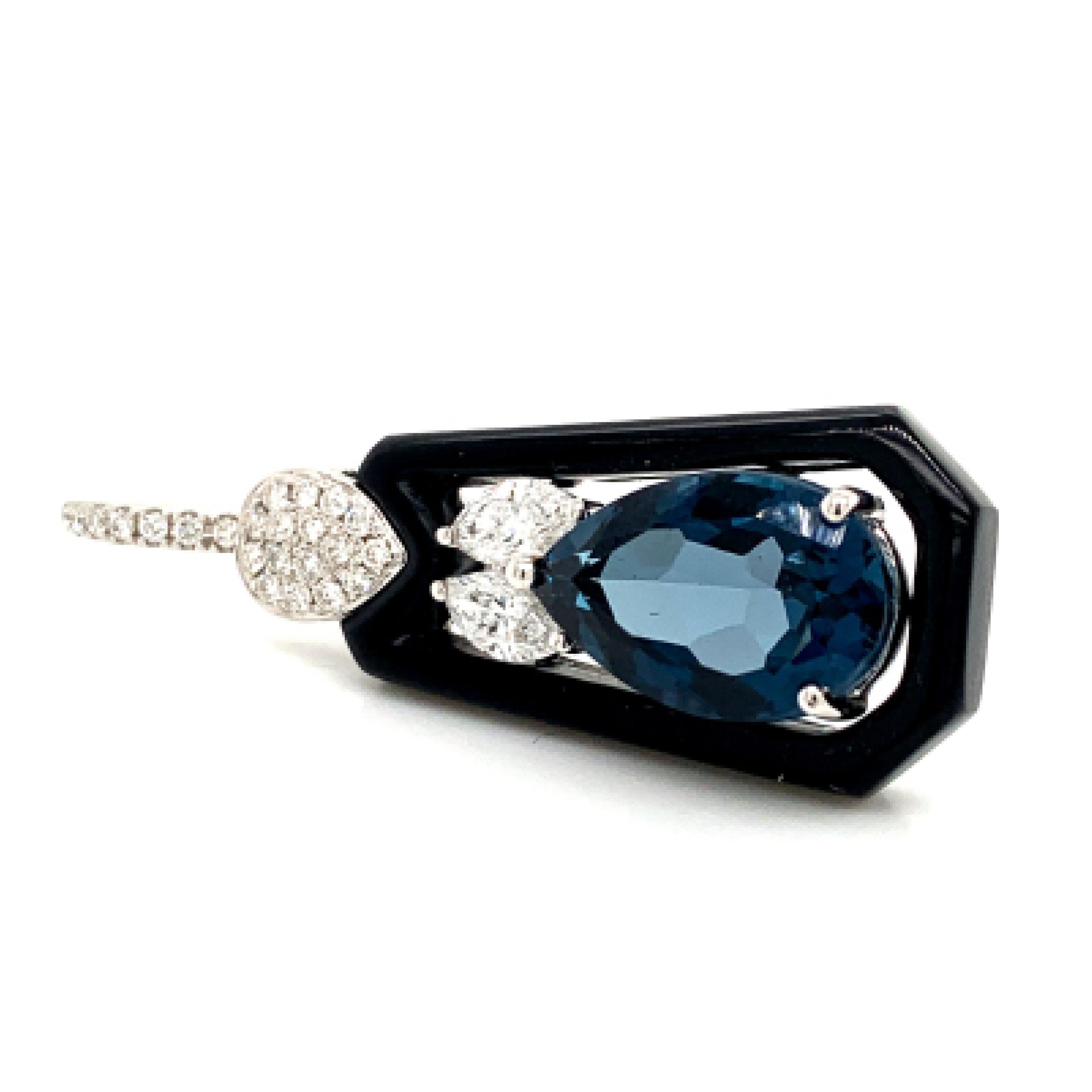 Pear Cut 18 Karat Gold Earrings w/ London Blue Topaz, Onyx and Marquise Diamonds For Sale