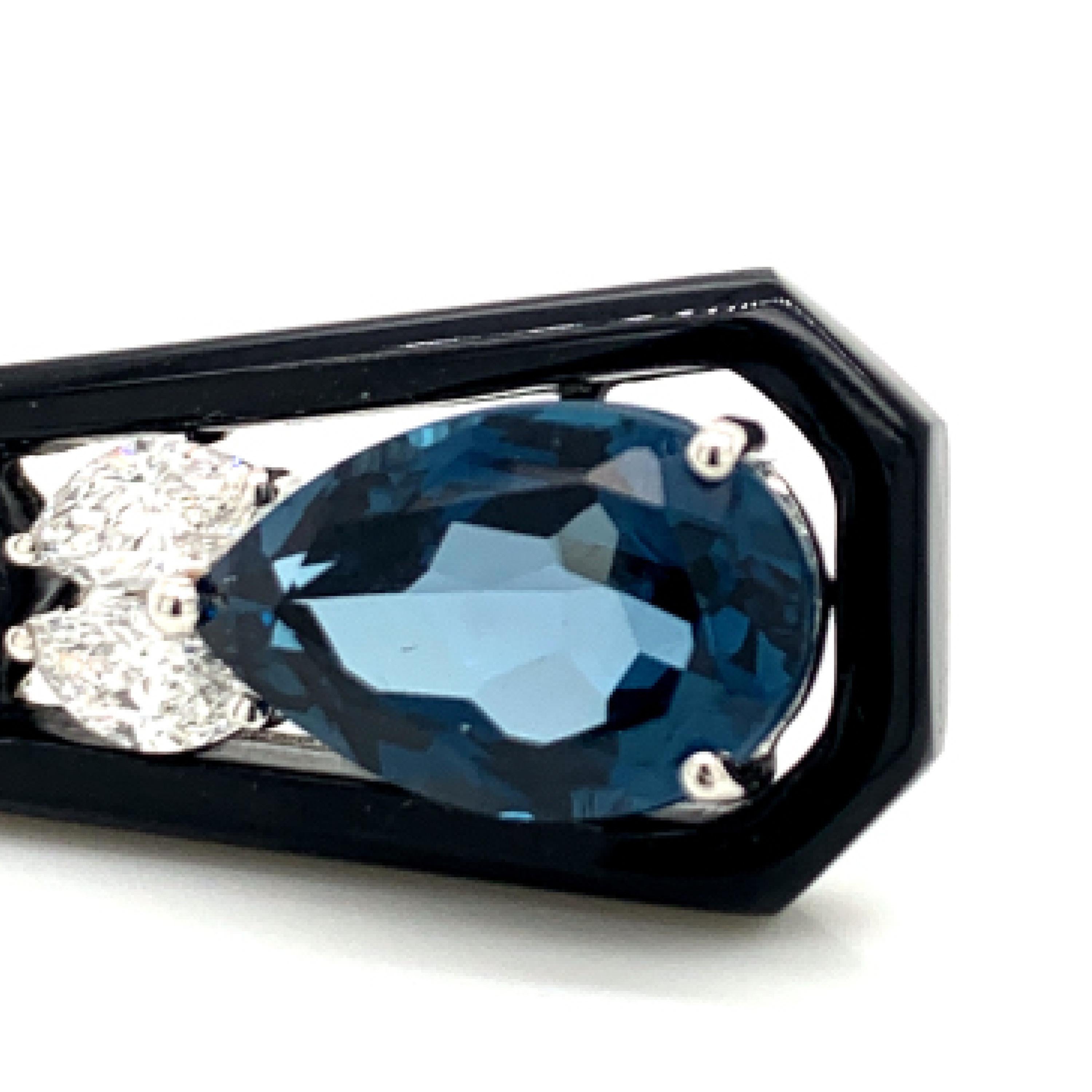 Women's 18 Karat Gold Earrings w/ London Blue Topaz, Onyx and Marquise Diamonds For Sale