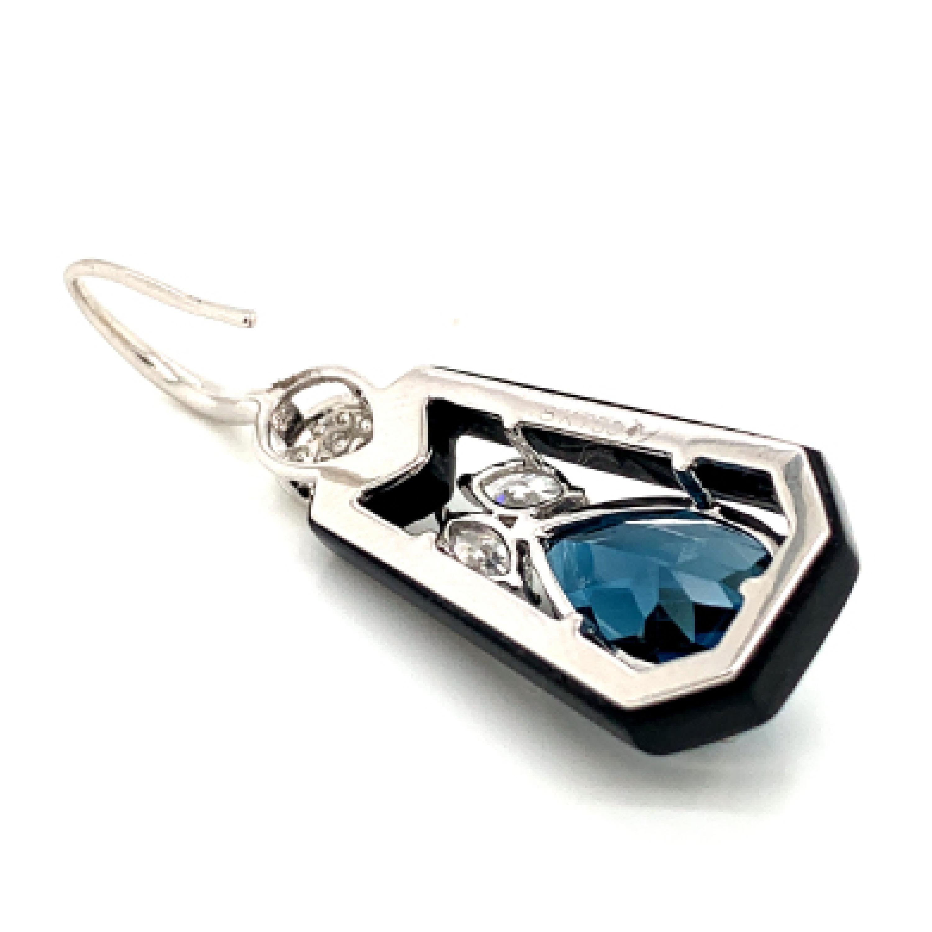 18 Karat Gold Earrings w/ London Blue Topaz, Onyx and Marquise Diamonds For Sale 1