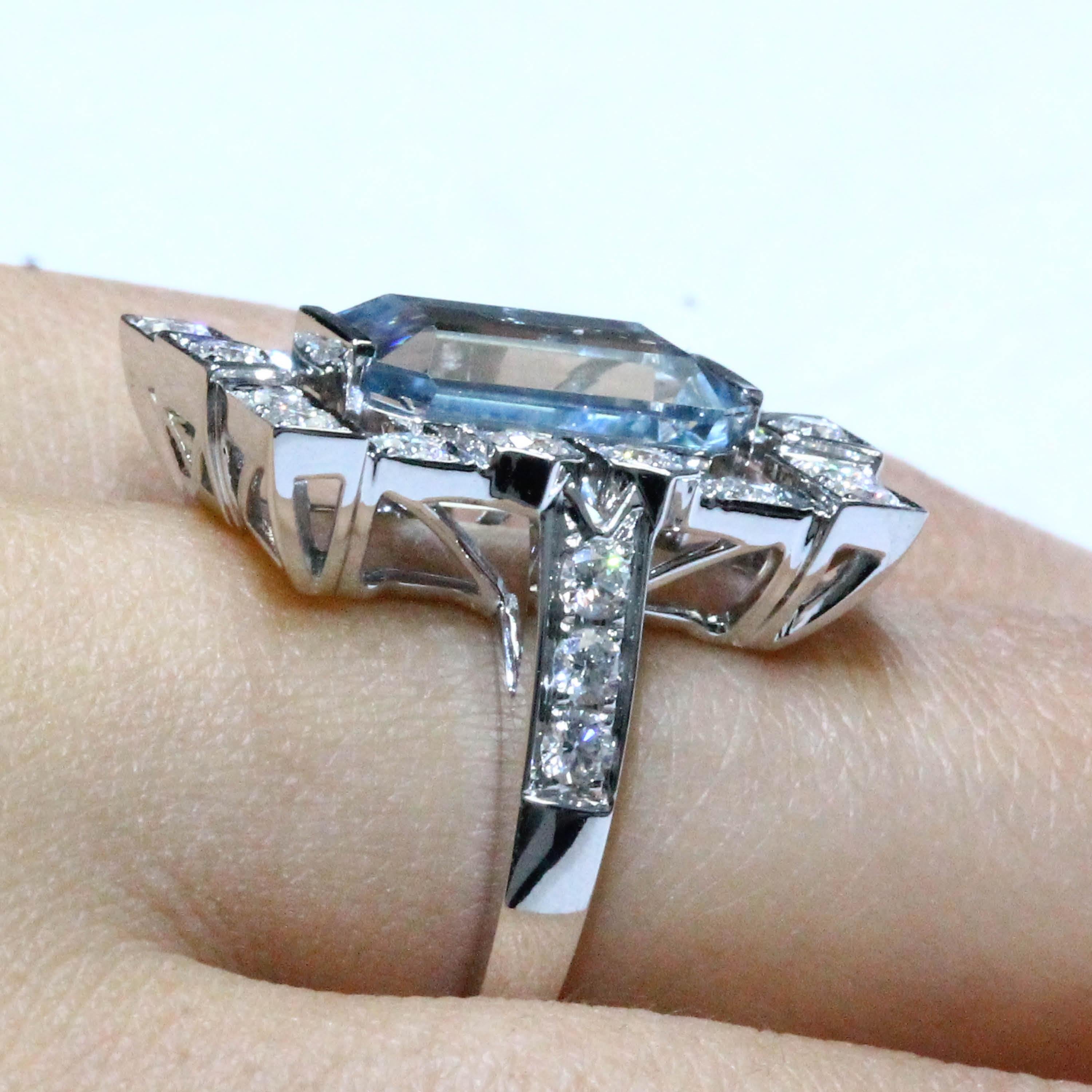 Emerald Cut 18K White Gold Art Deco Style Emerald-Cut Aquamarine Ring Diamonds 1.03 ct. For Sale