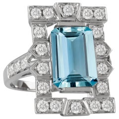 18K White Gold Art Deco Style Emerald-Cut Aquamarine Ring Diamonds 1.03 ct.