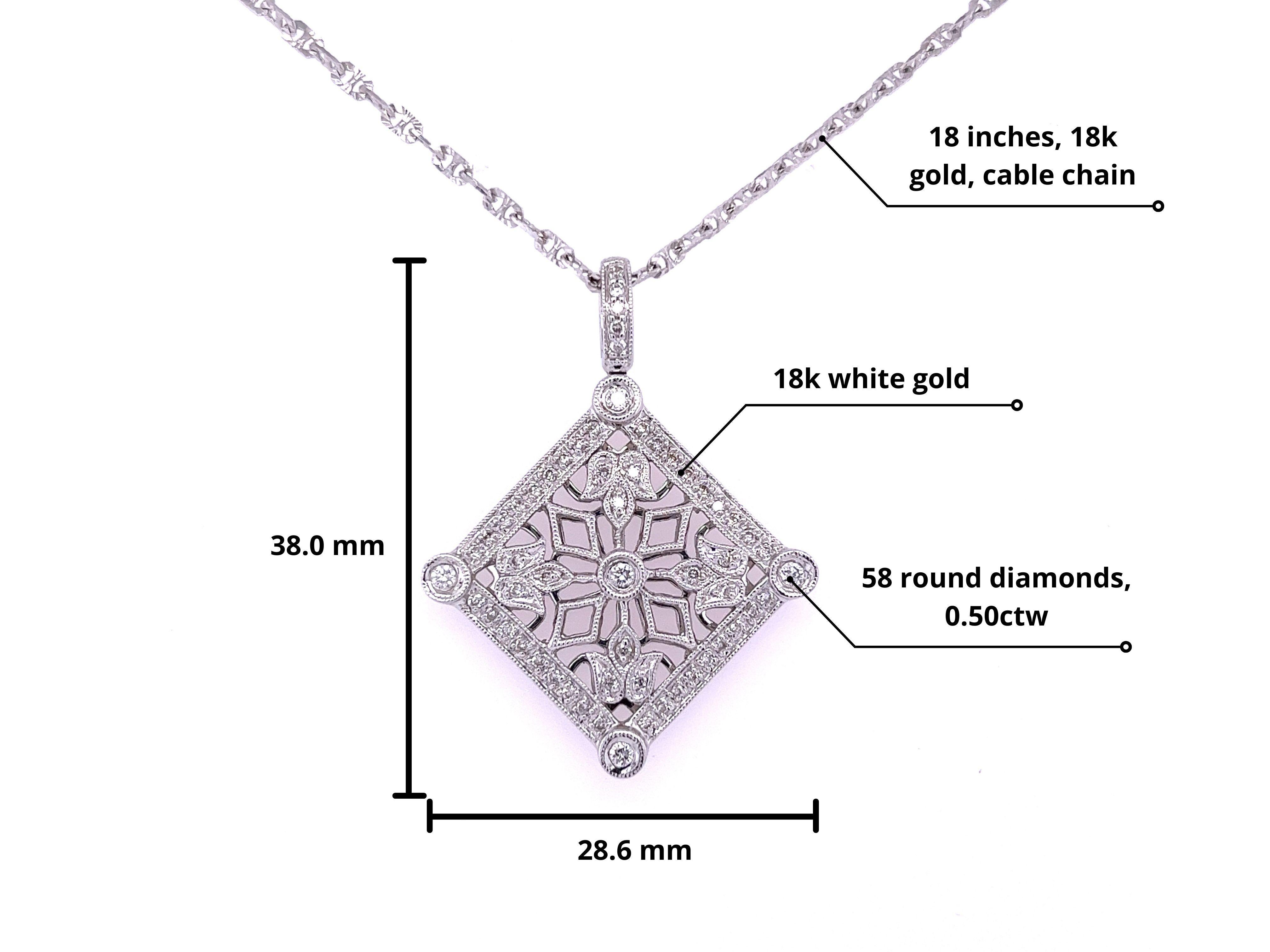 18K White Gold Art Deco Floral Diamond Shaped Pendant with Round Diamond Pave For Sale 2
