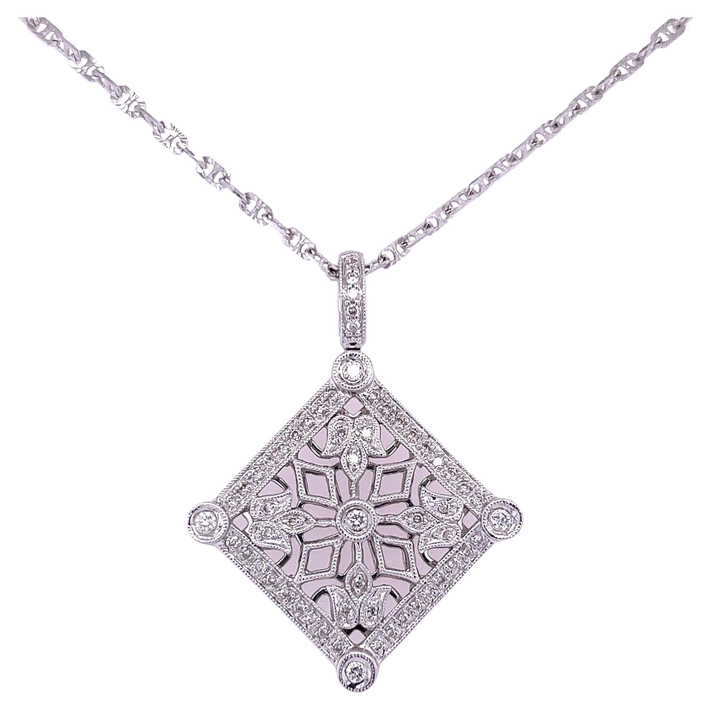 18K White Gold Art Deco Floral Diamond Shaped Pendant with Round Diamond Pave