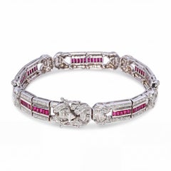18k White Gold Art Deco Inspired Diamond & Ruby Link Bracelet