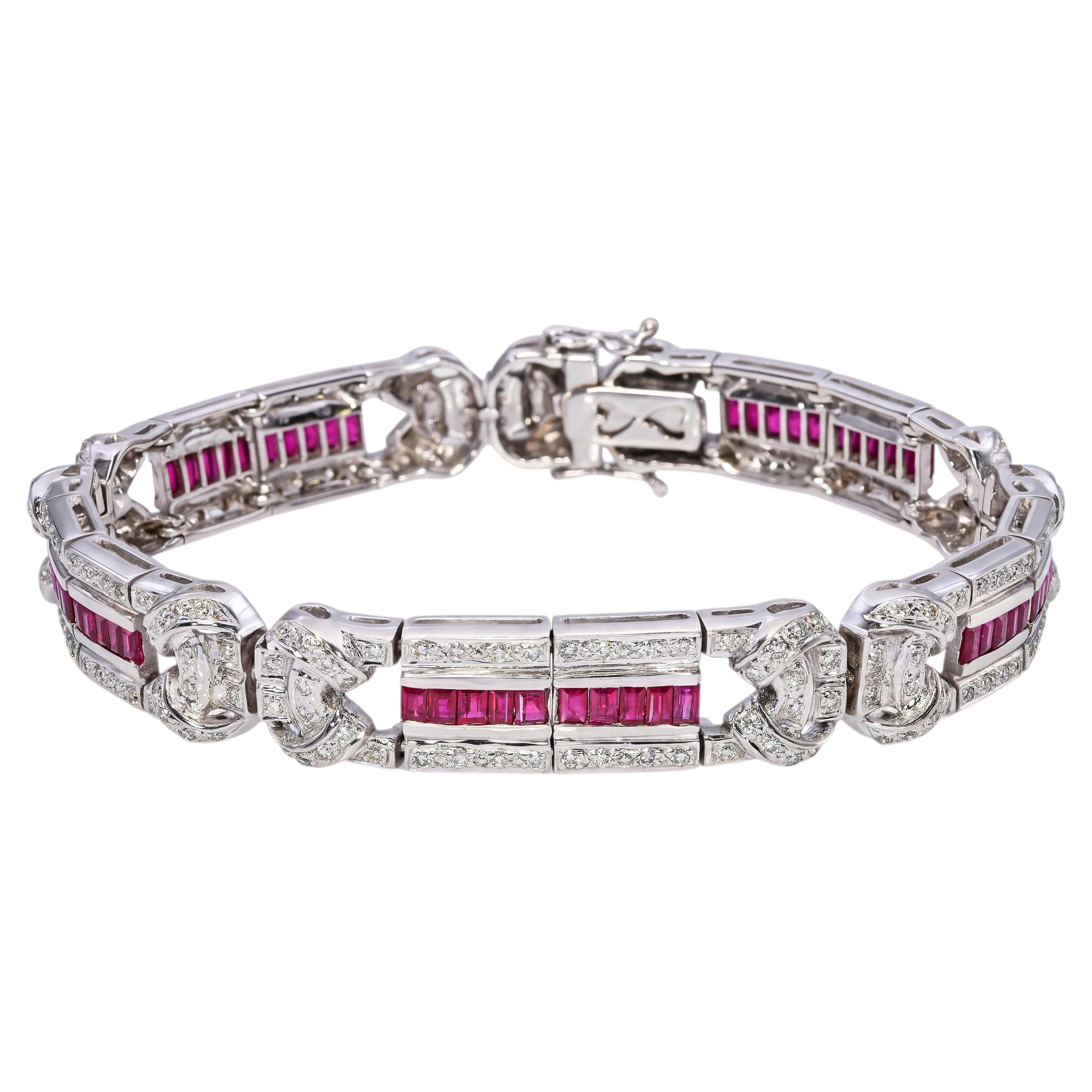 18k White Gold Art Deco Inspired Diamond & Ruby Link Bracelet
