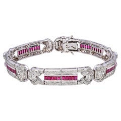 18k White Gold Art Deco Inspired Diamond & Ruby Link Bracelet