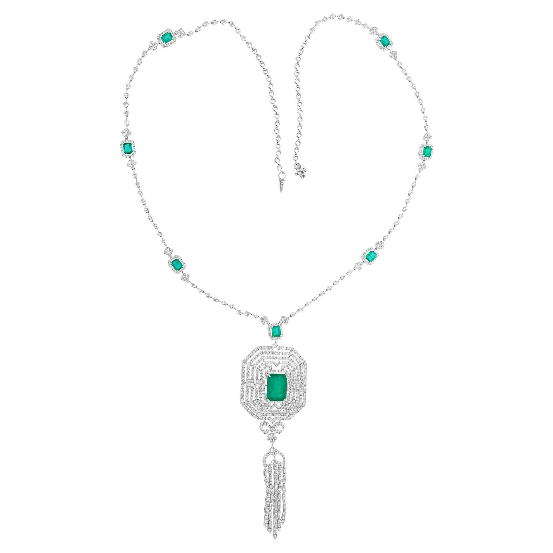 18K White Gold Art Deco Inspired Zambian Emerald SI/H Diamond Long Necklace