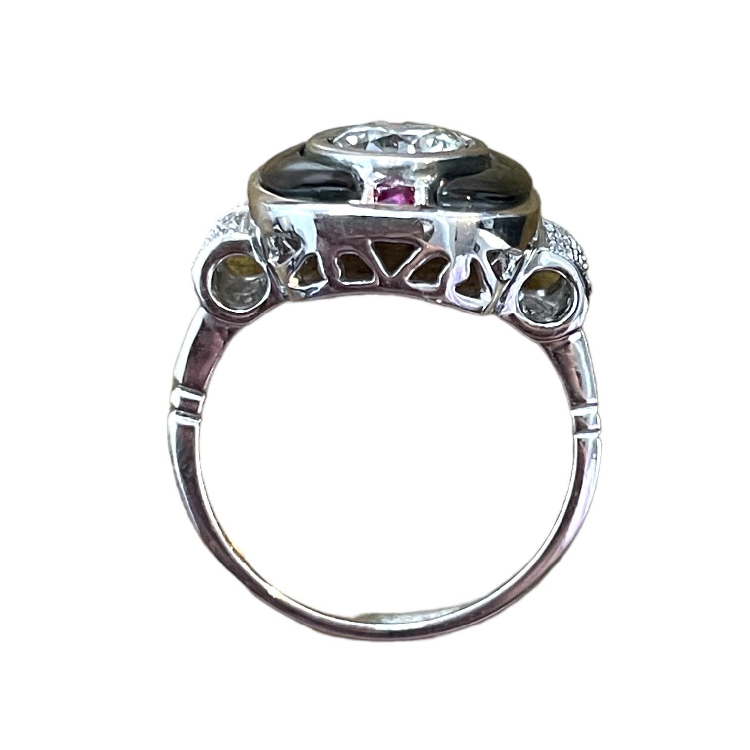 18K White Gold Art Deco GIA Certified Natural Diamond and Black Spinel Ring For Sale 2
