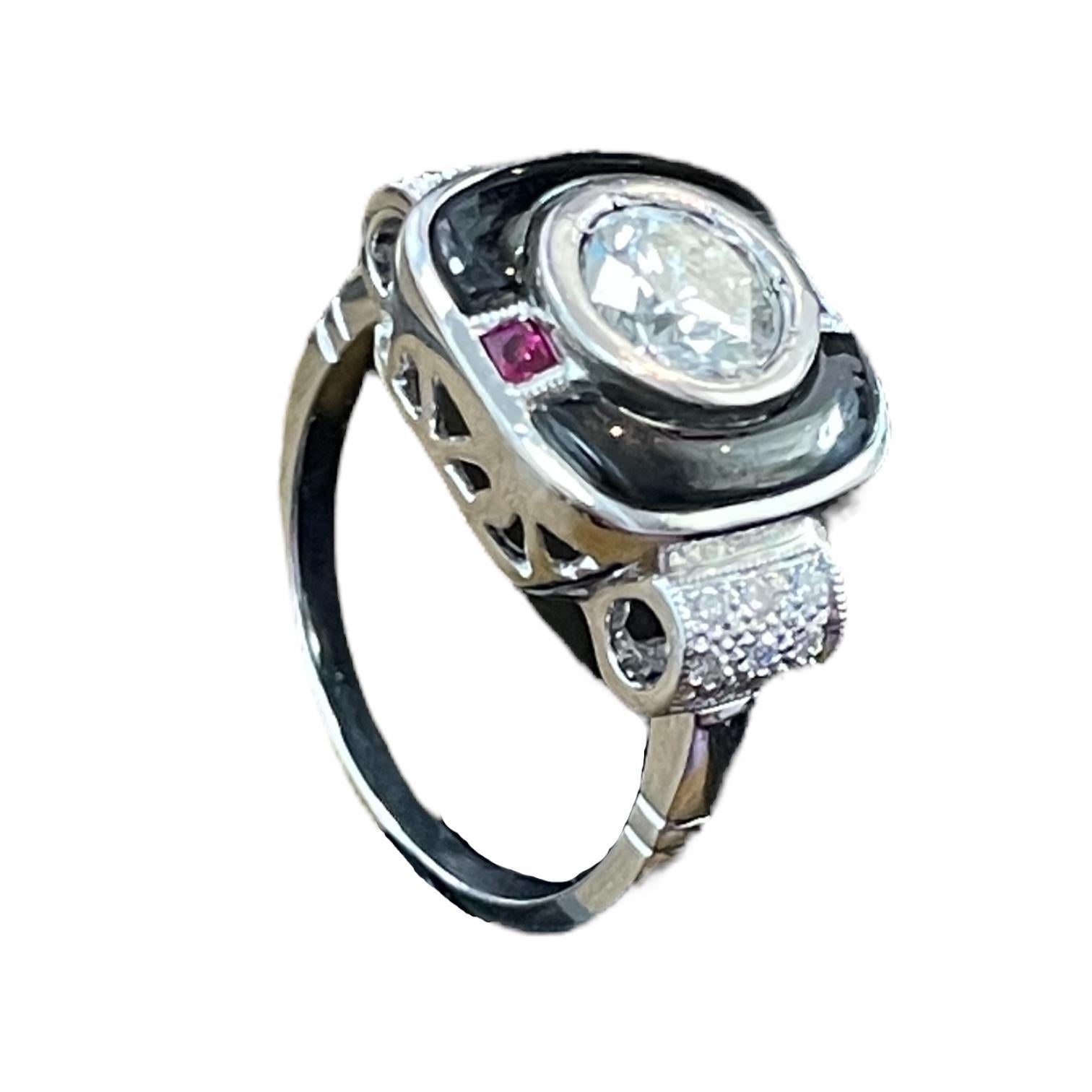 18K White Gold Art Deco GIA Certified Natural Diamond and Black Spinel Ring For Sale 3