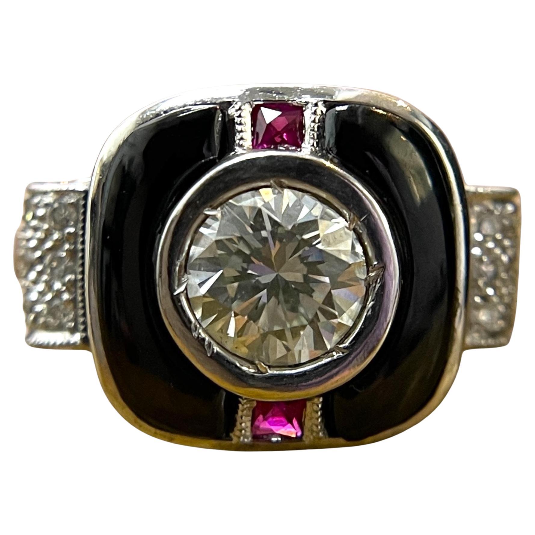 18K White Gold Art Deco GIA Certified Natural Diamond and Black Spinel Ring For Sale