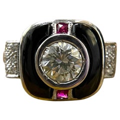 18K White Gold Art Deco GIA Certified Natural Diamond and Black Spinel Ring
