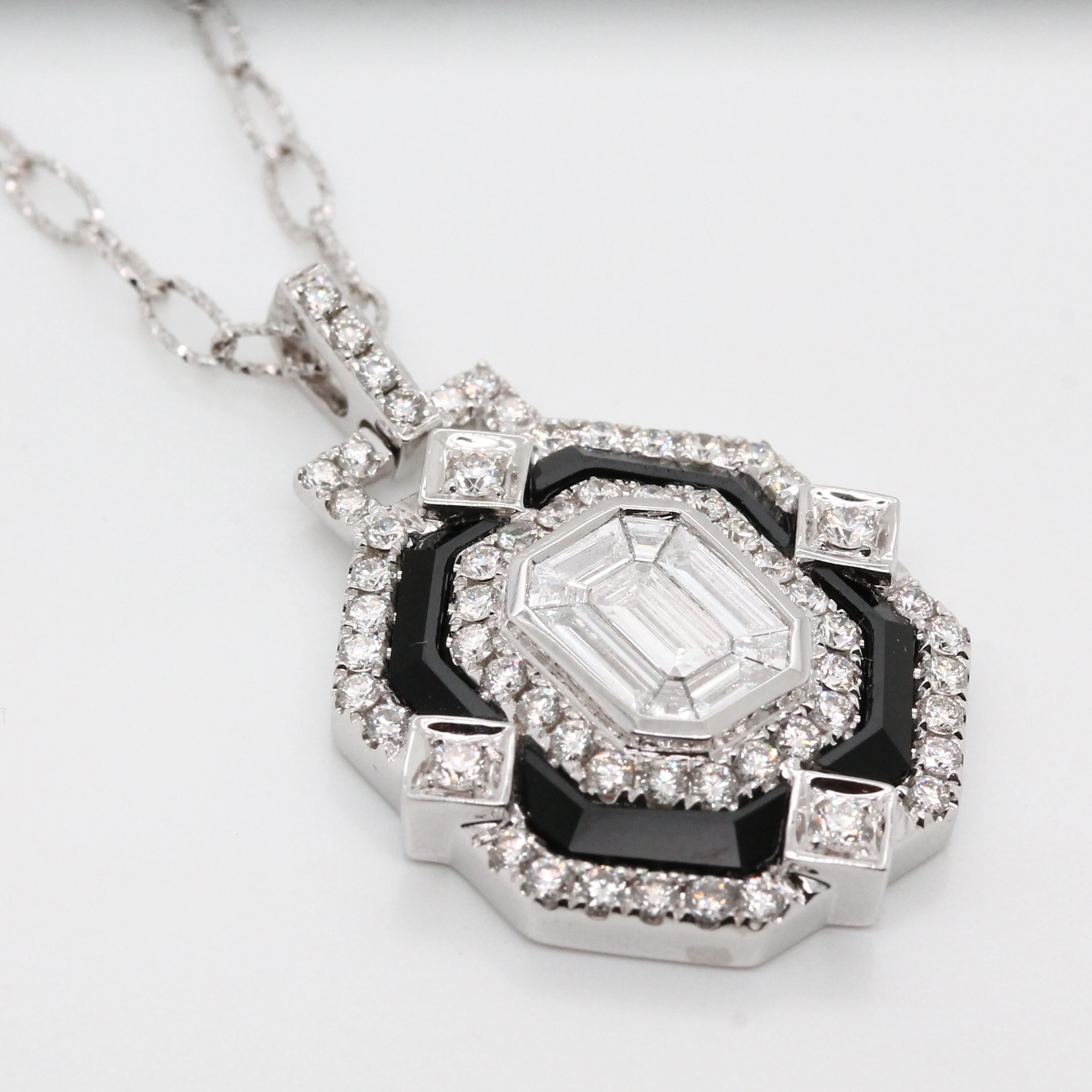 Art Deco 18 Karat Gold Necklace w/ Black Onyx & Invisible-Set Baguette Diamonds For Sale