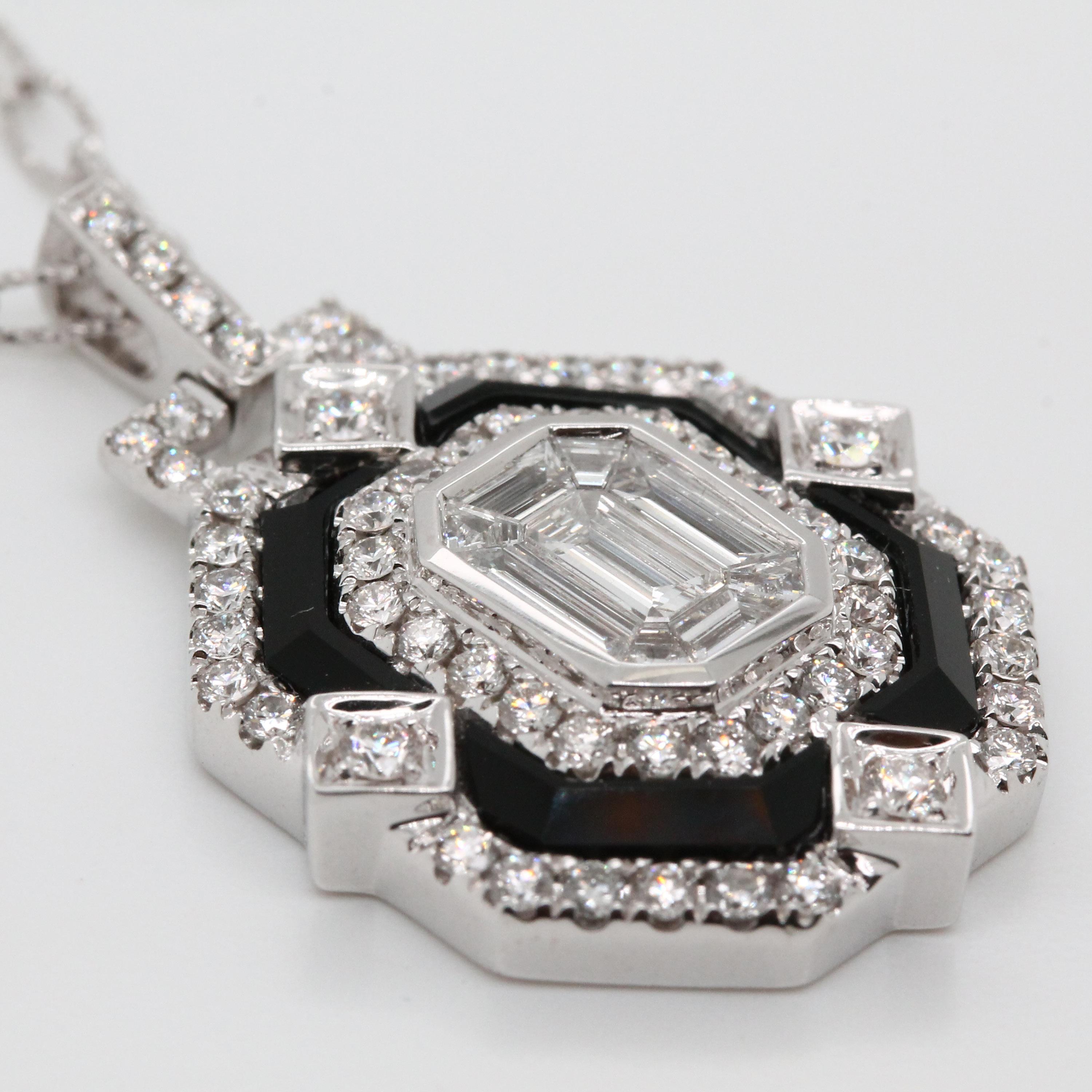 Emerald Cut 18 Karat Gold Necklace w/ Black Onyx & Invisible-Set Baguette Diamonds For Sale