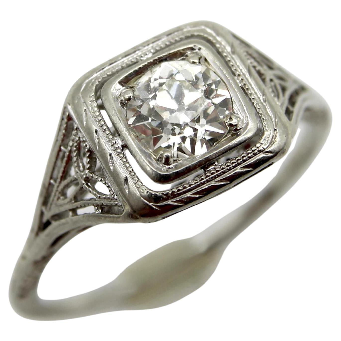 Anillo de compromiso de oro blanco de 18 quilates con diamantes talla europea antigua Art Decó